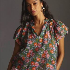 Anthropologie Trovata Size Large Green and Pink Floral Blouse